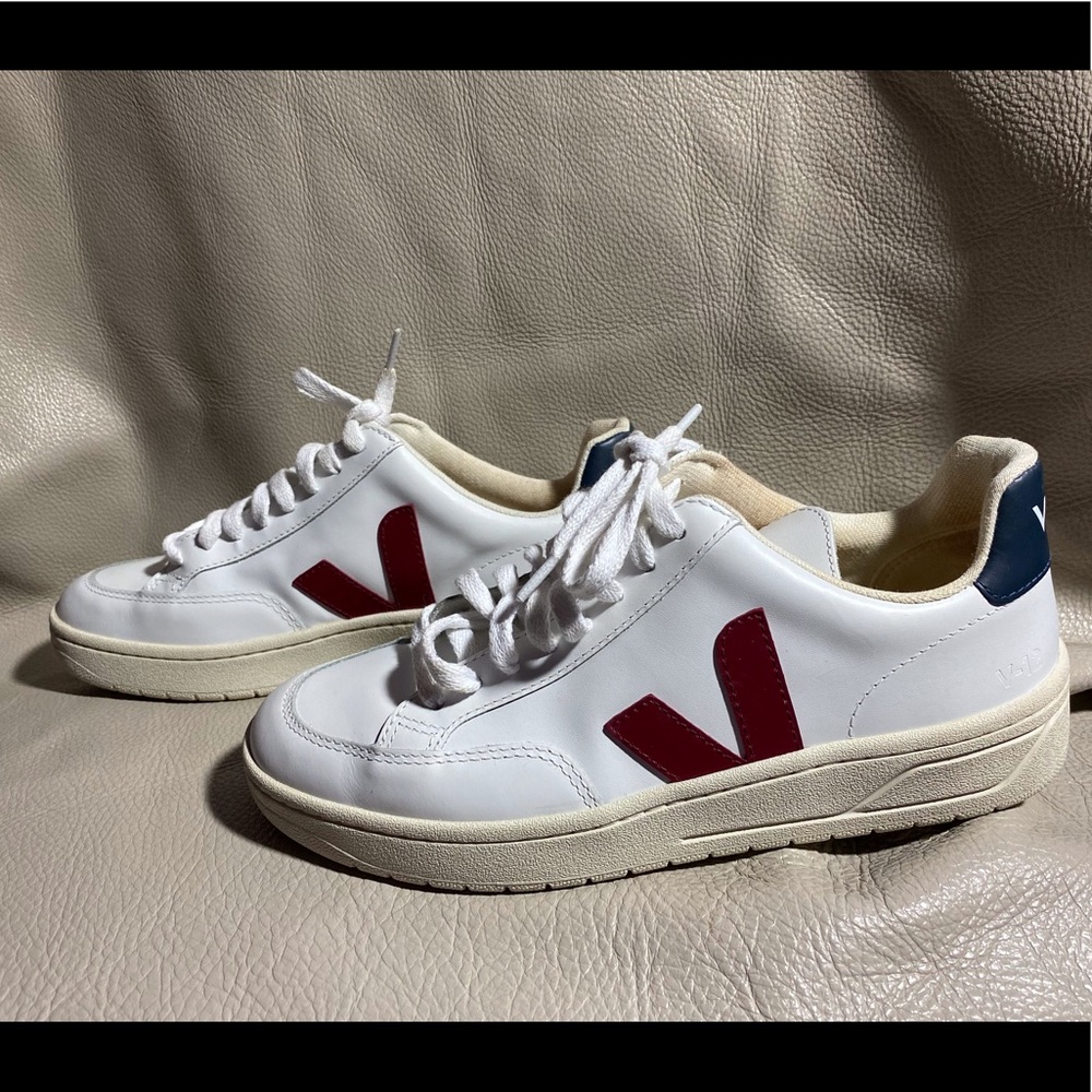 VEJA V-12 Leather Sneakers White / Marsala / Blue Size 6 Women